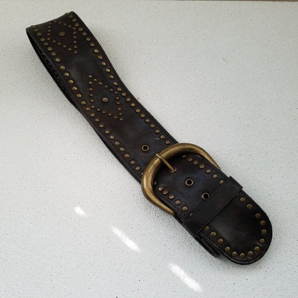 Wide Brown Faux Leather Belt with Gold Grommets - Picture 7 of 8